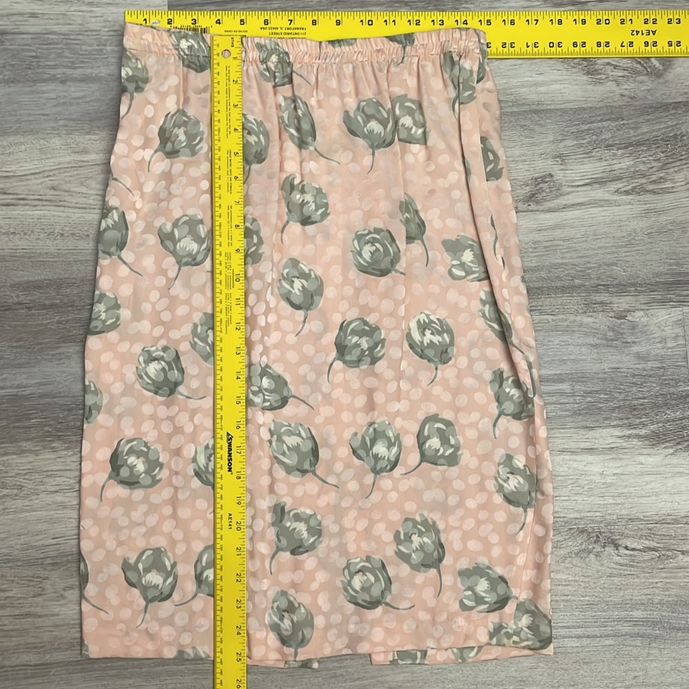 Vintage 100% Silk Pink with Pale Green Floral Elastic Waist Midi Skirt Size 12 - Picture 10 of 11